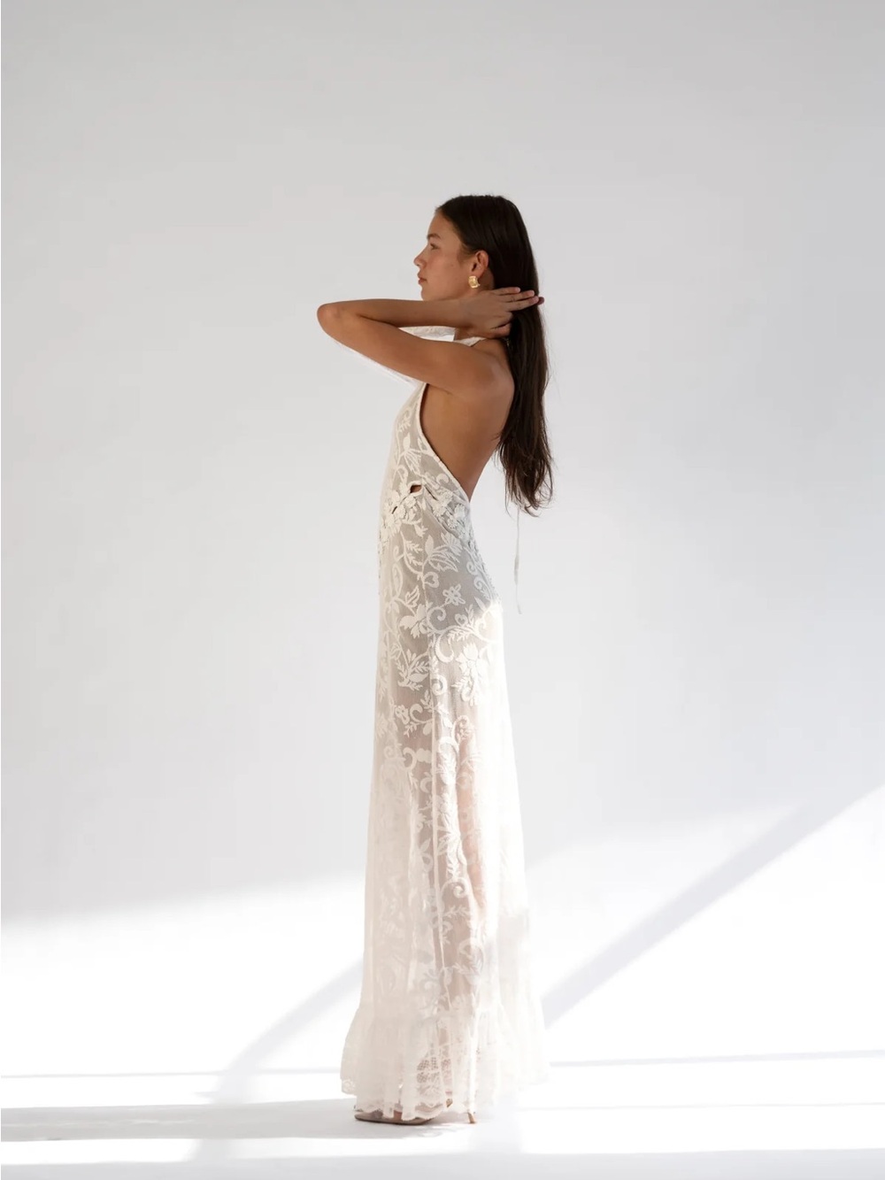 One-Shoulder White Lace Maxi Dress with Asymmetrical Sleeve - Picture 2 of 7